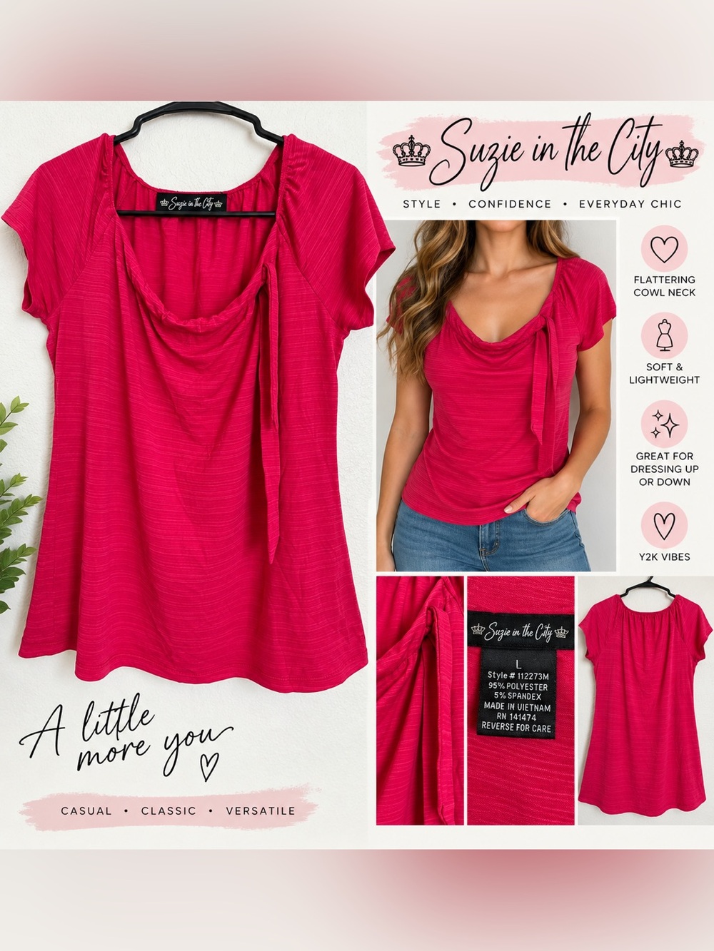 Suzie In The City Hot Pink Cowl Neck Short Sleeve Top